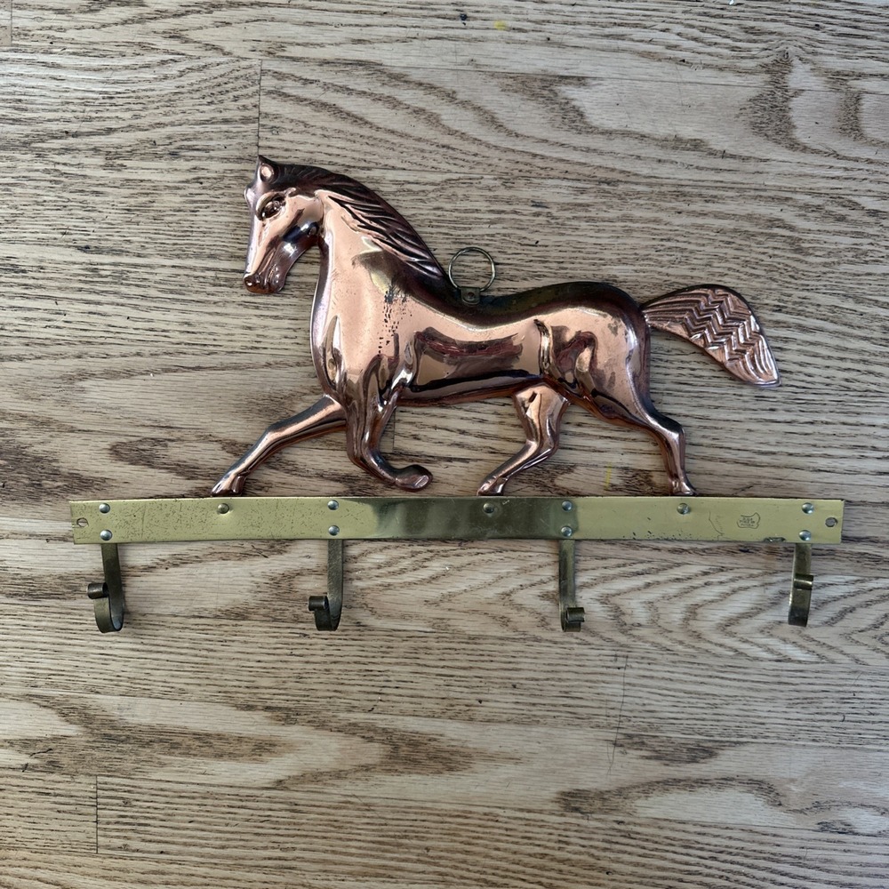 Vintage  Copper & Brass Horse Wall 4 Hook Hanger Rare 16.5 X 10 In Coat Mug Keys